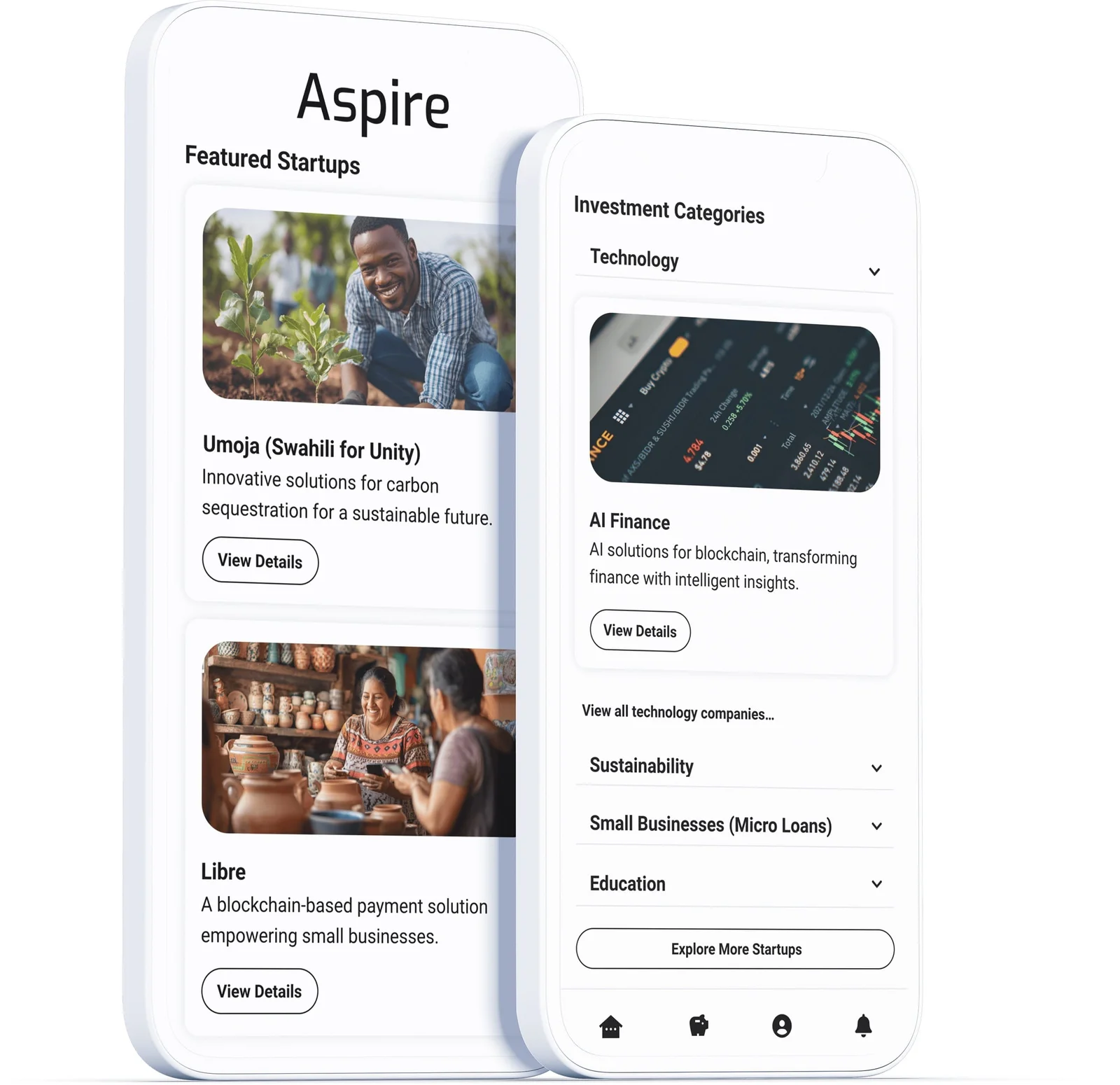 Featured startups and investment categories — discovery designed for browsing, not brokerage jargon.