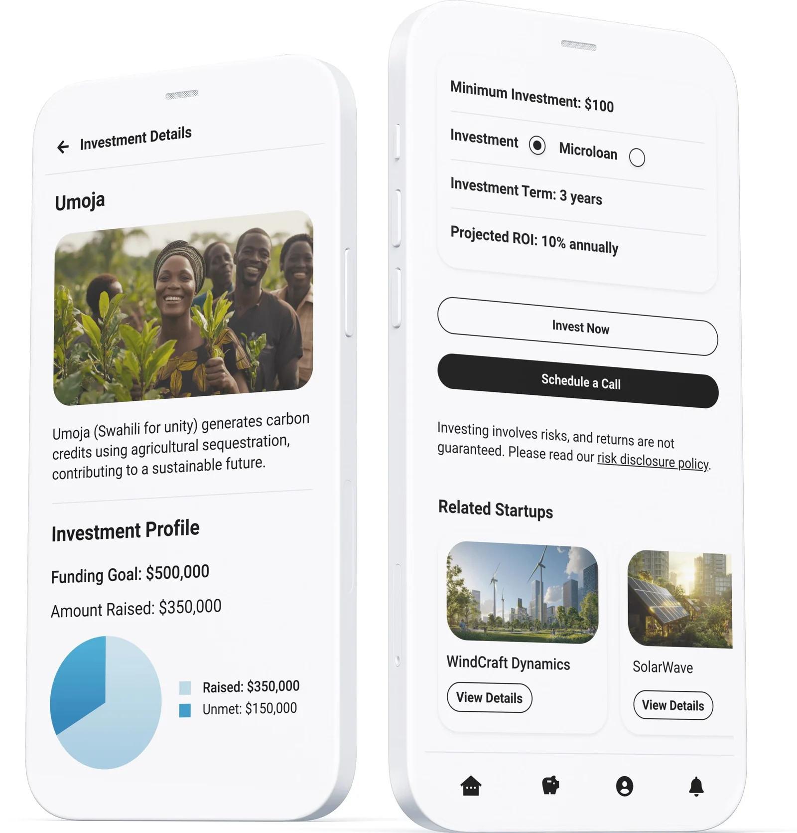 A fictional investment profile: funding goal, raised amount, minimum, term, and illustrative projected ROI — risk disclosures one tap away.