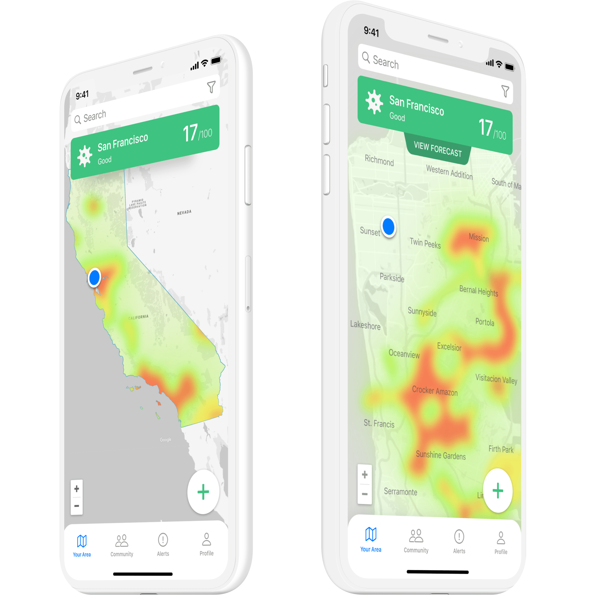 Regional and neighborhood heat maps translate layered risk data into a single location-aware view.