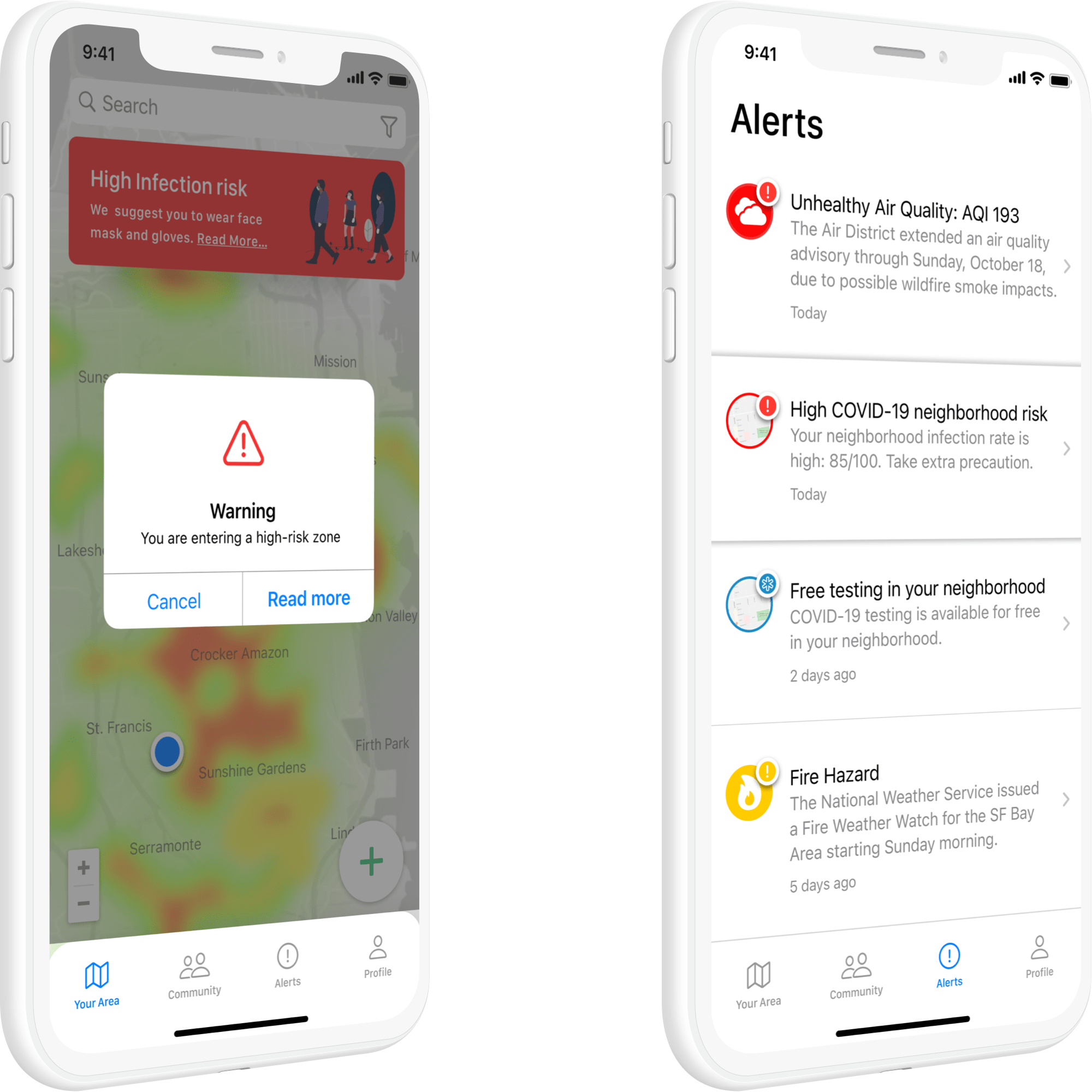 A contextual warning interrupts the map when the user approaches a high-risk zone.