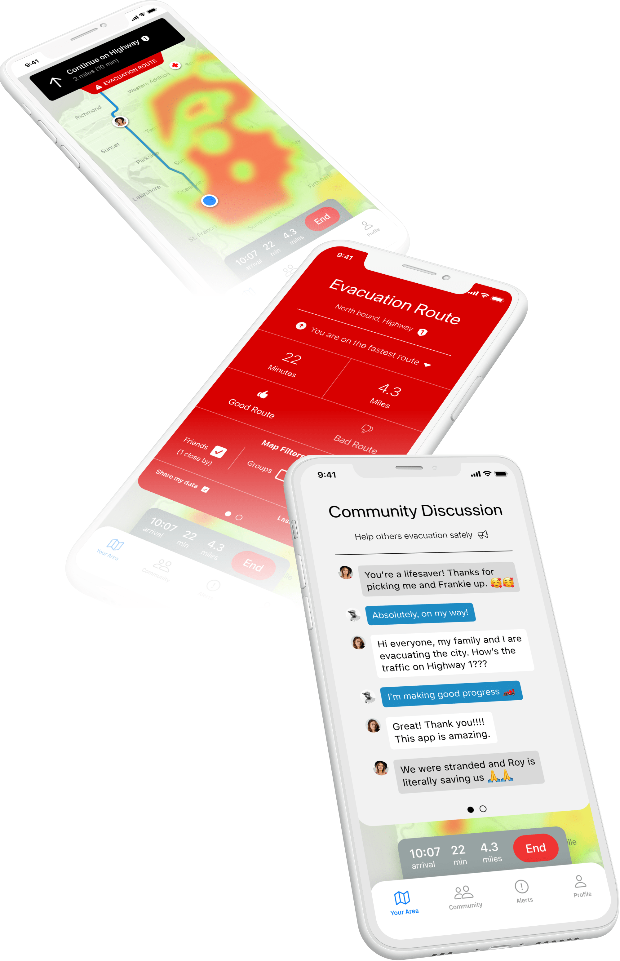 Evacuation routing combines navigation, selective location sharing, nearby colleagues, and crisis chat.