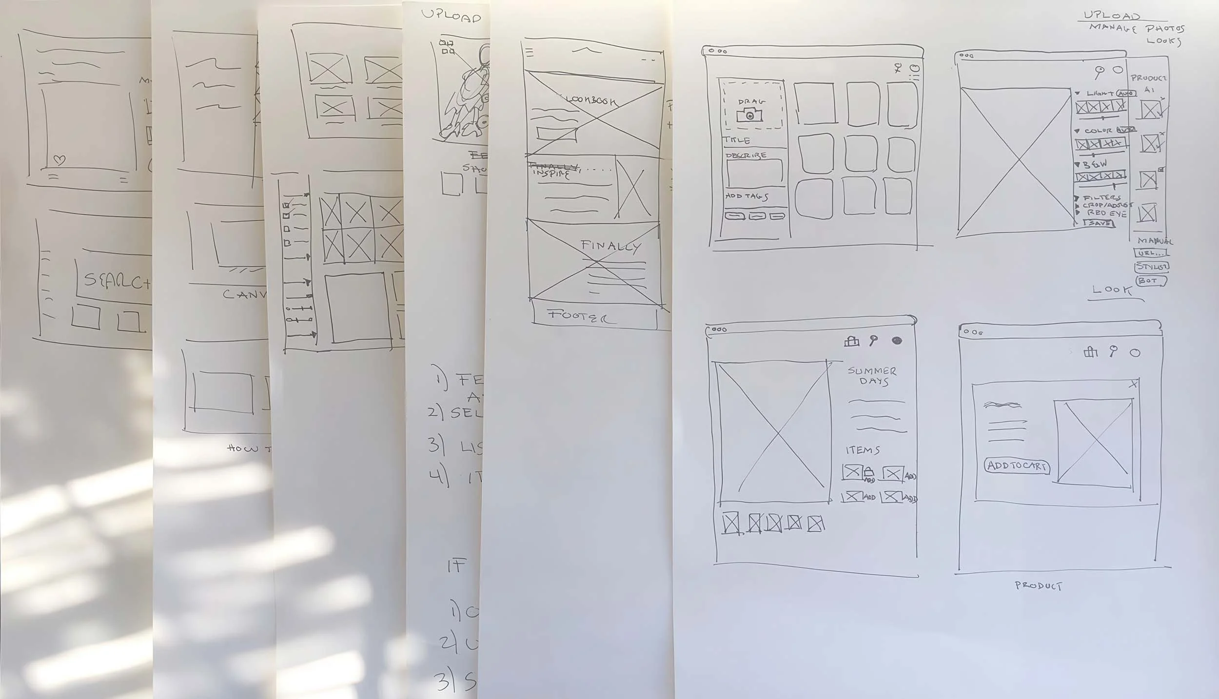 Retailor paper sketches — early flow explorations on paper