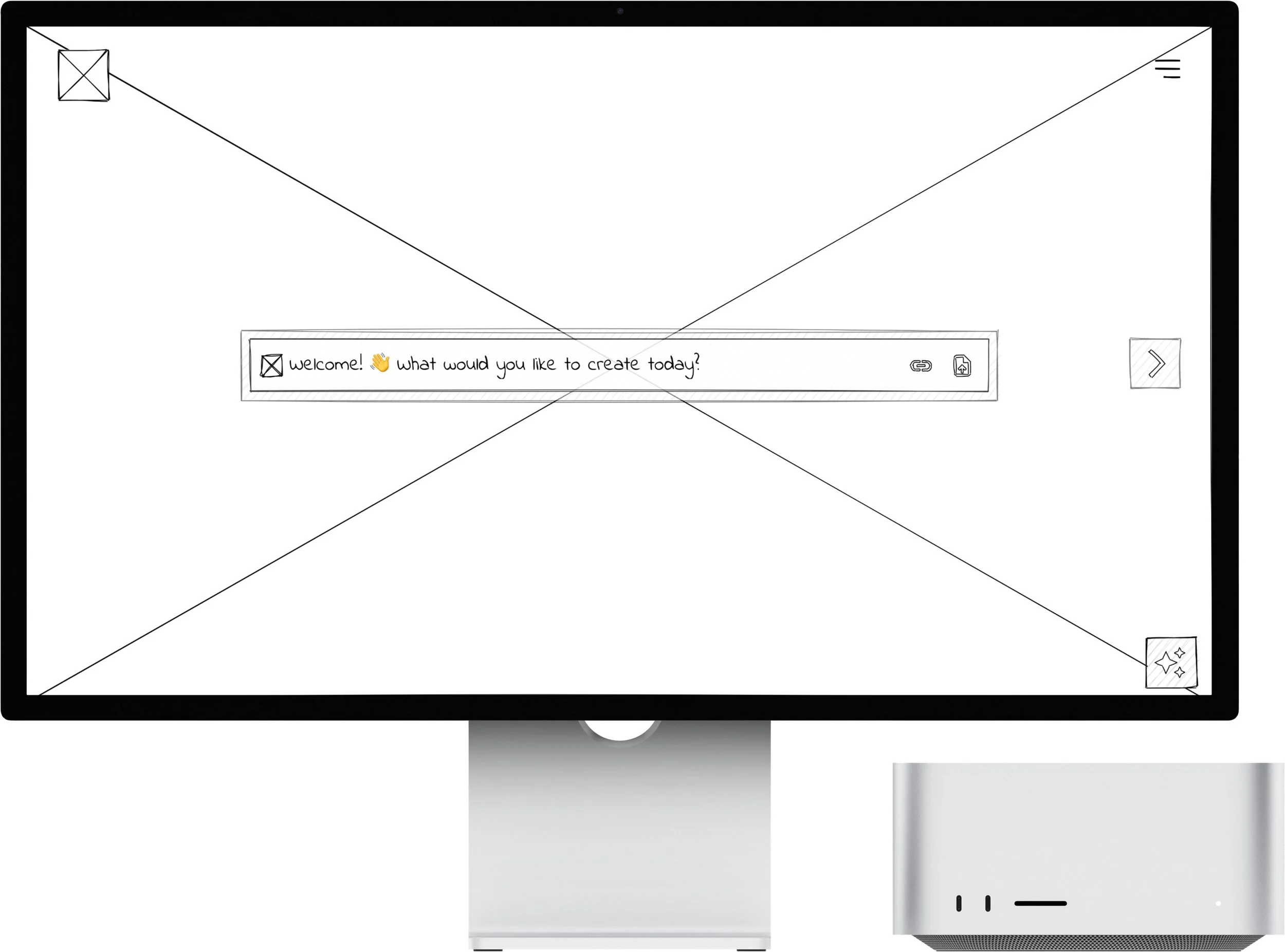 Synergy desktop wireframe 01 — early structure for the guided creation experience.