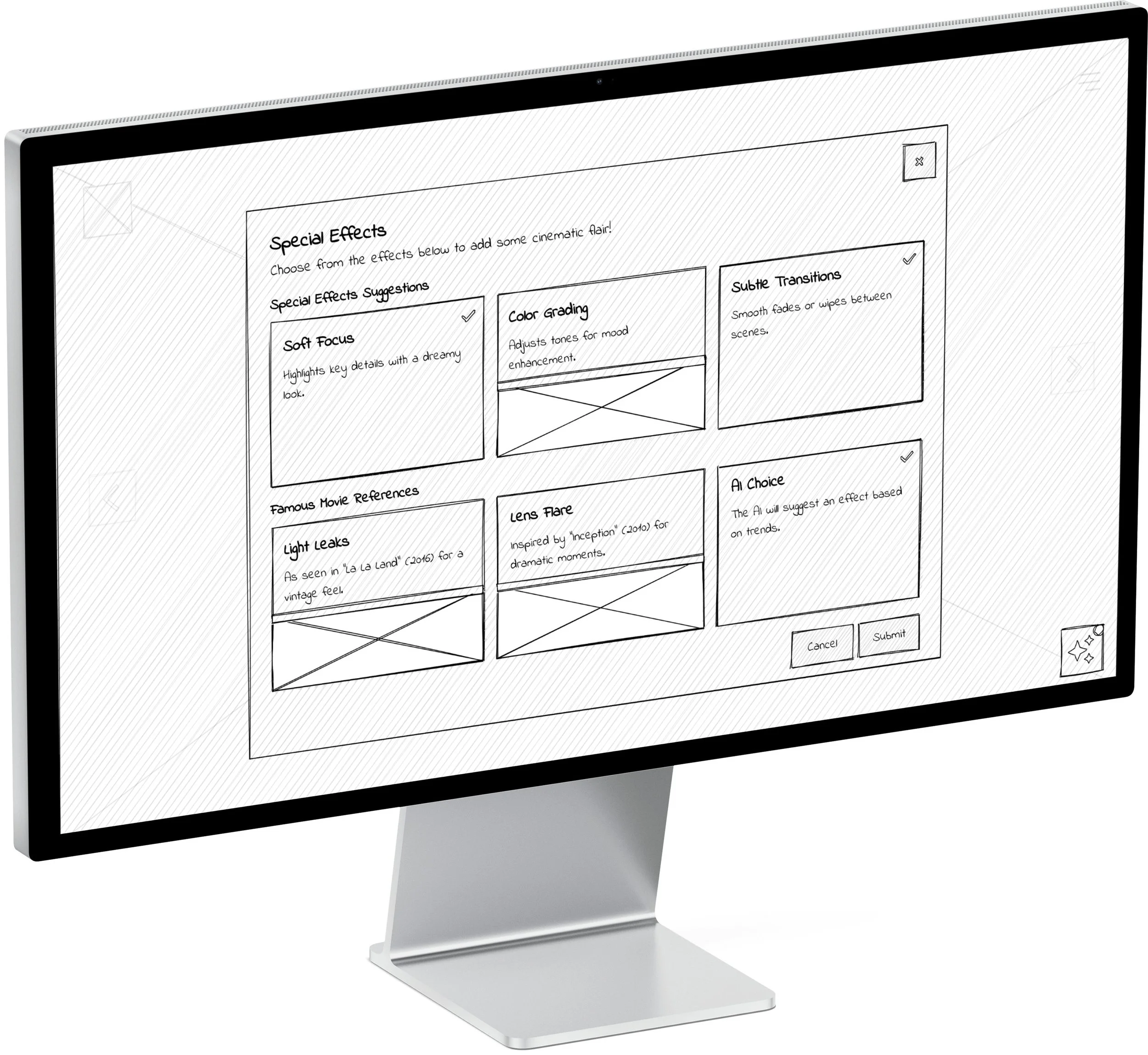 Synergy desktop wireframe 06 — early structure for the guided creation experience.