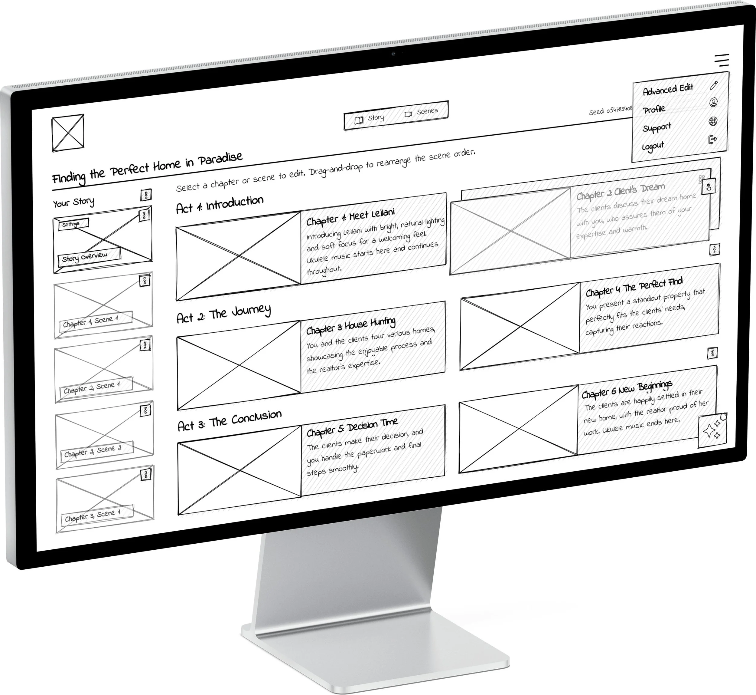 Synergy desktop wireframe 10 — early structure for the guided creation experience.