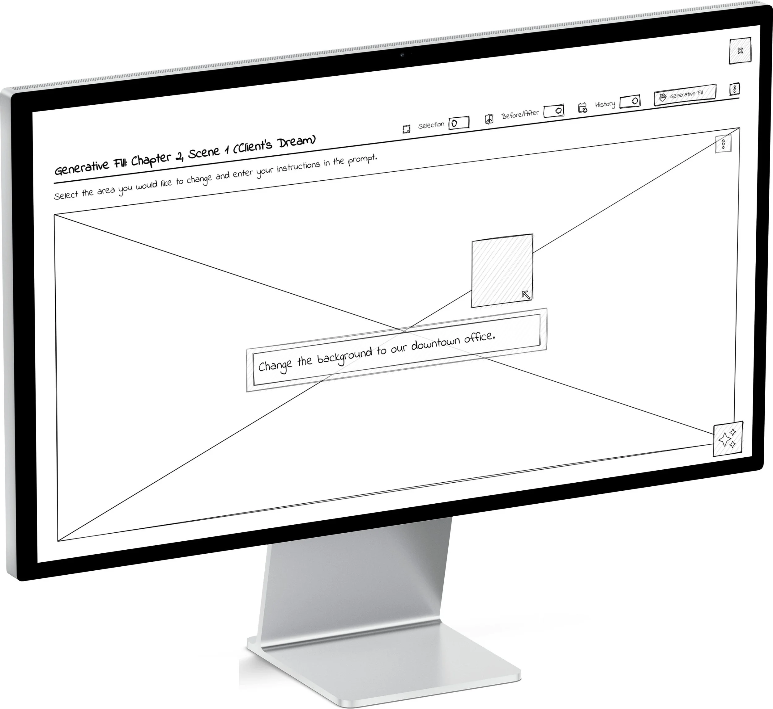 Synergy desktop wireframe 13 — early structure for the guided creation experience.